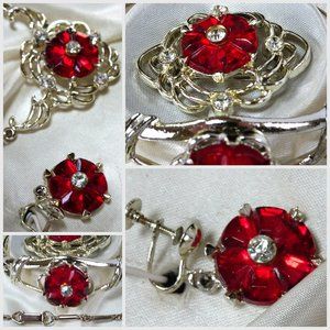 Box Set Vintage LUCIEN Ruby Crystal Necklace Bracelet Earrings Pin Brooch Lot
